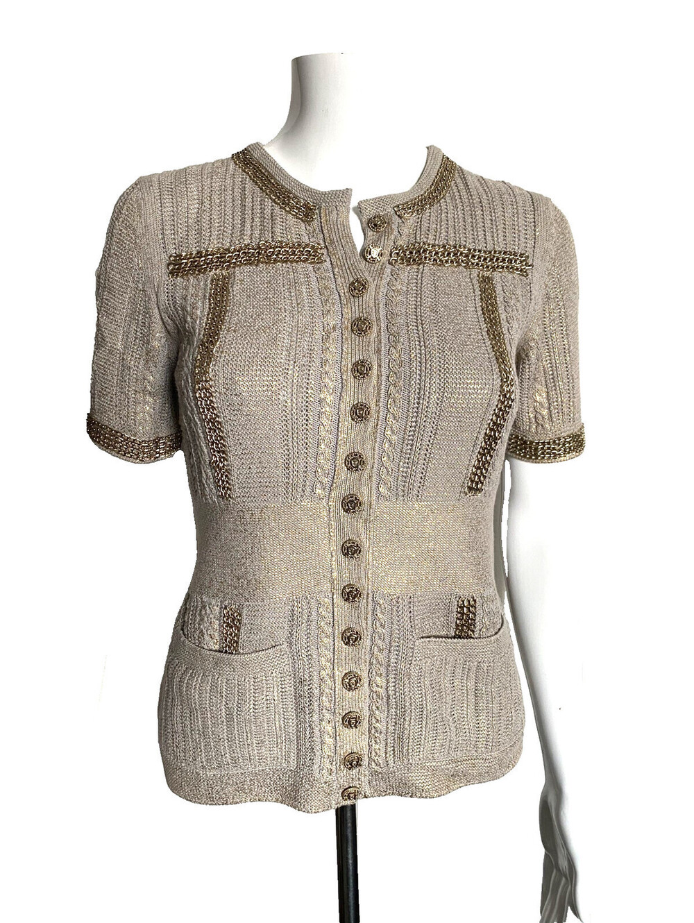 08P CHANEL FR-36 Metallic Knit Short-Sleeve Cardigan Top Gold Chain Trim Pockets
